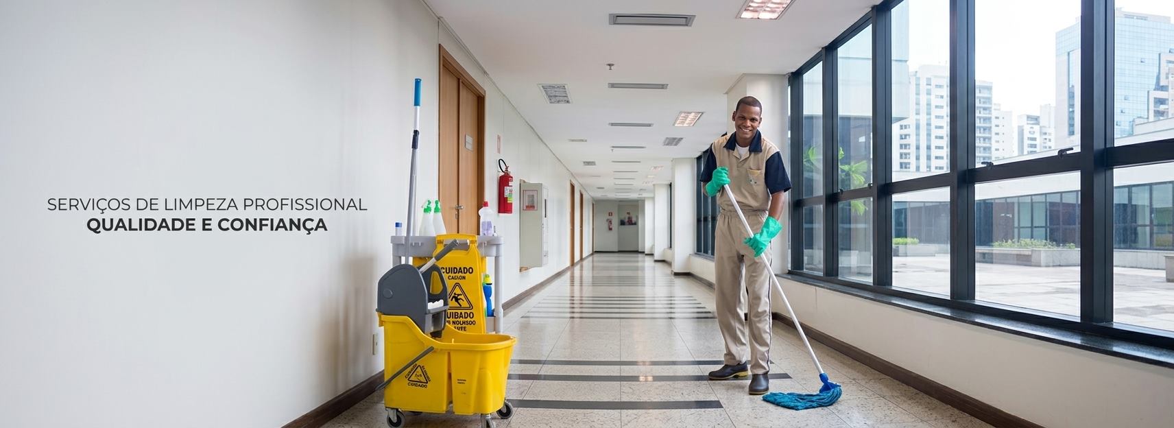 Equipe Qu4tro Cantos realizando limpeza em corredor corporativo